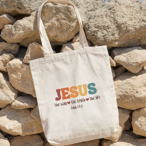 Bible Verse Jesus The Way The Truth The Life Bible Bag Painting Ideas, Custom Tote Bags Painting, Bible Bag Ideas, Christian Tote Bag Design Diy Paint, Bible Bags Totes Diy Paint, Bible Tote Bag Painting Ideas, Tote Bag Painting Ideas Christian, Christian Tote Bag Design, Bible Bags Totes Diy