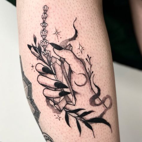 High Fae Tattoo, Witchy Goth Tattoo, Witchy Tattoos Thigh, Creepy Feminine Tattoos, Witchy Candle Tattoo, Dancing Witches Tattoo, Witchy Leg Tattoos, Whimsical Tattoos For Women Sleeve, Witchy Tattoo Sleeve