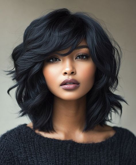 Classic Fall Bob for Black Women Short Shag Hairstyles Medium Black Women, Short Curly Fall Hair Color, Medium Length Hairstyles Black Women, Professional Hair Styles For Black Women, Haircuts For Professional Women, Long Bob On Black Women, Short Relaxed Bob, Short Hairstyle Black Woman Natural Hair, Curly Bob For Black Women