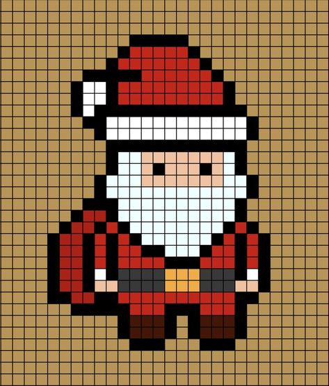 A pixel art template of Santa Claus carrying his big red sack. Snowflake Grid Pattern, Pixel Art Grid Christmas, Easy Pixel Art Christmas, Merry Christmas Pixel Art, Holiday Pixel Art, Santa Pixel Art, Thanksgiving Pixel Art, Pixel Christmas Art, Christmas Grid Pattern