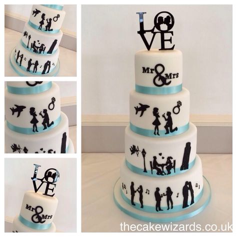 Love story cake Silhouette Cakes, Travel Wedding Cake, Silhouette Wedding Cake, Black And White Wedding Cake, Wedding Cake Ombre, Cake Story, Silver Wedding Cake, Silhouette Cake, Wedding Anniversary Cakes