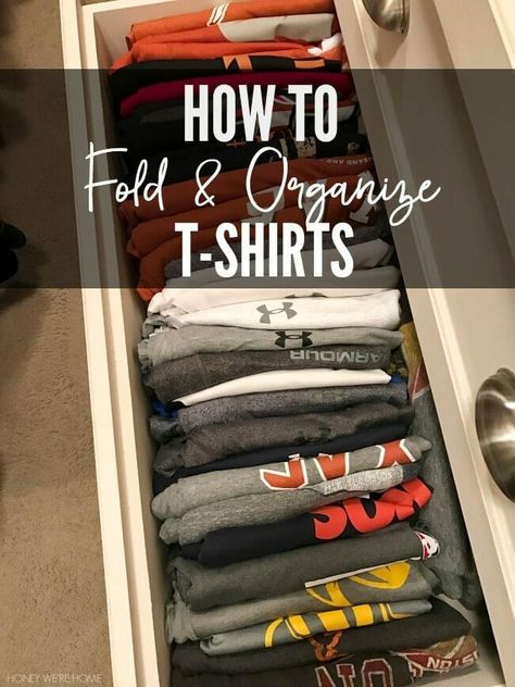 Mens Drawer Organization, How To Organize T Shirts, Folding Tee Shirts, Organized Drawers Clothes, Shirt Folding Trick, Books Thoughts, Organization Books, T Shirt Storage, Shirt Storage