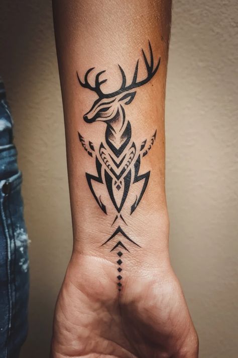 Forearm tattoo of a stylized geometric deer. Celtic Stag Tattoo Design, Hunting Tattoos For Women, Native Tattoos For Women, Tattoo Ideas Deer, Female Deer Tattoo, Deer Track Tattoo, Deer Tattoos For Women, Unique Tattoo Ideas For Women, Stag Tattoo Design