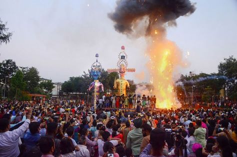 Vijayadashami, also known as Dussehra, Dasara or Dashain, is a major Hindu festival celebrated at the end of Navaratri every year in the Indian subcontinent. Dussehra is one of the major Hindu festivals that marks the end of Navratri. The festival is celebrated as the victory of Lord Rama over Ravana. It also celebrates the triumph of Goddess Durga over the demon Mahishasura. On Dussehra, towering effigies of demon King Ravana, Kumbhakaran and Meghanad (symbolic of evil) are burnt down with fire Ravan Dahan, King Ravana, Indian Subcontinent, Festival Photography, Hindu Festival, Lord Rama, Goddess Durga, Hindu Festivals, Lockscreen Wallpaper