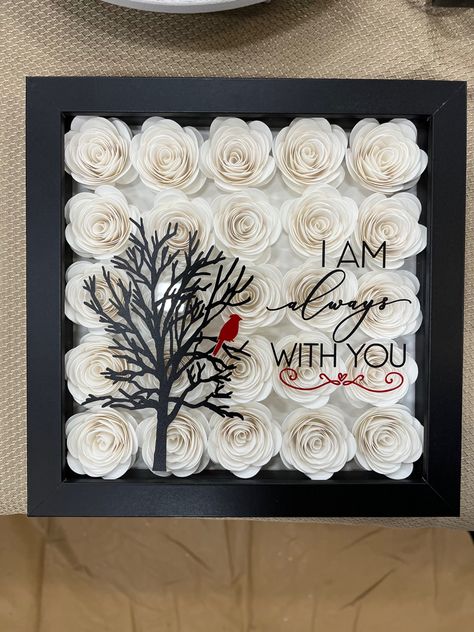 Im always with you cardinal shadow box. Hand rolled flowers in shadow box Valentines Shadow Box Ideas, Shadow Box Crafts, Quilting Flowers, Cricut Pictures, 3d Cricut, Unique Shadow Boxes, Shadow Box Ideas, Rolled Flowers, Decorated Boxes