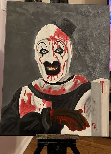 Pumpkin And Ghost Painting, Halloween Theme Painting Canvas, Scary Paintings Easy Canvas, Art The Clown Pumpkin, Art The Clown Painting, Painting Ideas On Canvas Horror, Scary Movie Paintings, Terrifier Painting, Horror Paintings Canvas