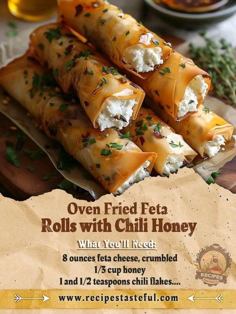 Oven Fried Feta Rolls With Chili Honey, Oven Fried Feta Rolls, Fried Feta Rolls, Feta Rolls, Fried Feta, Chili Honey, Fancy Appetizer Recipes, Dill Recipes, Cheese Waffles