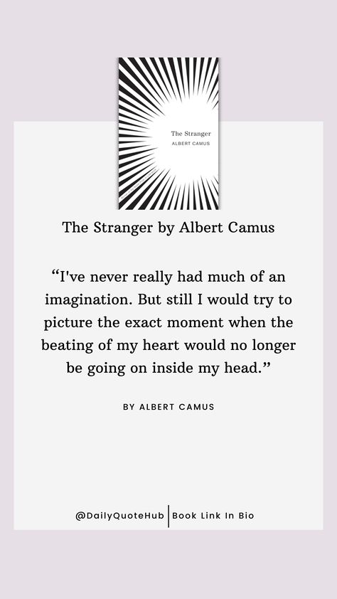 The Stranger by Albert Camus is a classic existential novel published in 1942. It follows Meursault, a dispassionate man whose life takes a dramatic turn after he commits a murder. The novel explores themes of absurdity and isolation. Books Link In Bio If You want to buy 🙏🙏 #quotes #philosophy  #Existentialism #AlbertCamus #ClassicLiterature #Absurdism #TheStranger The Stranger Quotes Camus, The Stranger Quotes, The Stranger Albert Camus, Stranger Quotes, Quotes Philosophy, Camus Quotes, The Stranger, Albert Camus, Dream Girl