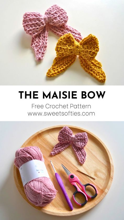 Sweet Softies: Maisie Bow · Free Crochet Pattern Crochet Bow Applique Free Pattern, Knitted Hair Bows Free Pattern, Crochet Baby Bow Headband, Crochet Small Bow, Crochet Hair Bow Pattern, Crochet Mini Bow, Crochet Tiny Bow, Crochet Hair Bows Free Pattern, Crochet Bow Pattern Free