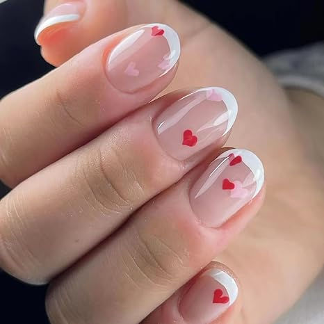 Nails With Red Heart, Nails With Red, Nails Short Almond, Nails Glossy, Press On Nails Short, Nails Nude, Short Almond, White Acrylic Nails, Style Français