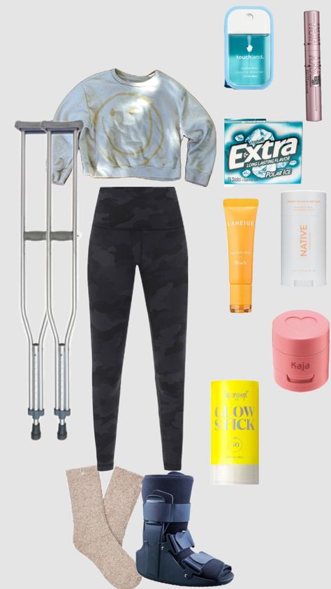 My friend Leilani’s outfit today, she recently broke her foot so we added some crutches and a boot feel better Leilani Workout Fits, Crutches, Todays Outfit, Feel Better, My Friend, Cute Outfits, Boots