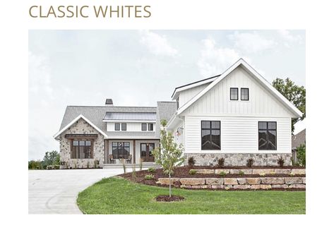 Diamond Kote Siding, Board And Batten Exterior, White Siding, Exterior House Colors Combinations, Vertical Siding, Board And Batten Siding, Siding Colors, Stone Siding, Modern Farmhouse Exterior