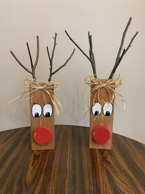 Reindeer Block Wood, Wooden Christmas Reindeer Wood Crafts, Wood Christmas Reindeer, Tin Can Reindeer, 4x4 Reindeer Wood, Reindeer 2x4 Crafts, Reindeer Made From Wood, Reindeer Wood Sign, Scrap Wood Reindeer