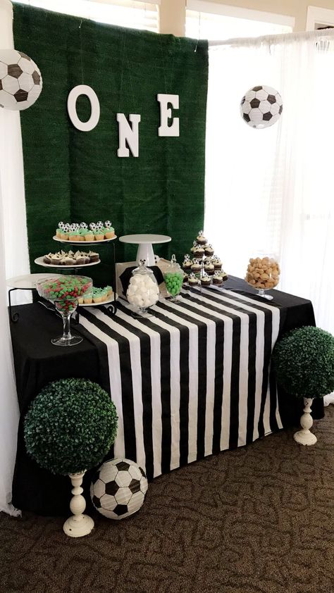 Soccer themed backdrop Soccer Theme First Birthday Party, Soccer Theme 1st Birthday Party, Soccer Theme First Birthday, Soccer Theme Birthday Party Food, Soccer First Birthday Party, First Birthday Soccer Theme, 1st Birthday Soccer Theme, First Birthday Boy Soccer Theme, Soccer 1st Birthday Baby Boy