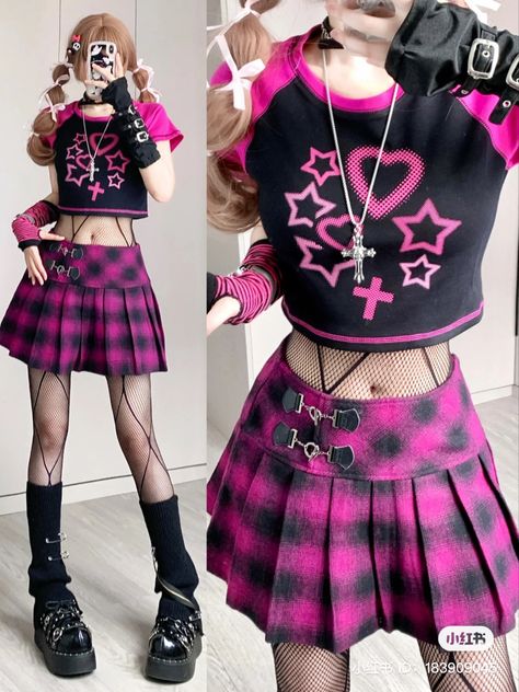 Pink And Black Alt Outfit, Alt Clothes, Scene Outfits, Alt Outfits, Punk Outfits, Alt Fashion, Goth Outfits, Alternative Outfits, Pink Outfits