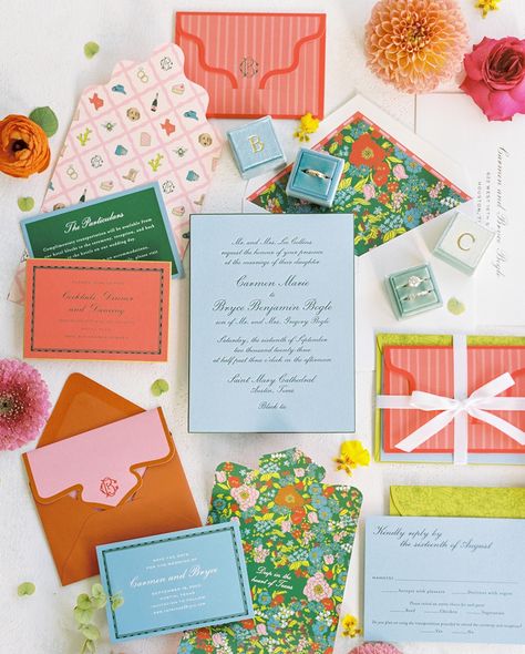 Bright Invitation Design, Colorful Invitation Suite, Bright Wedding Stationery, Colorful Save The Date Ideas, Vibrant Wedding Invitations, Maximalist Wedding Invitations, Colorful Wedding Invites, Floral Wedding Invitation Background, Funky Wedding Invitations