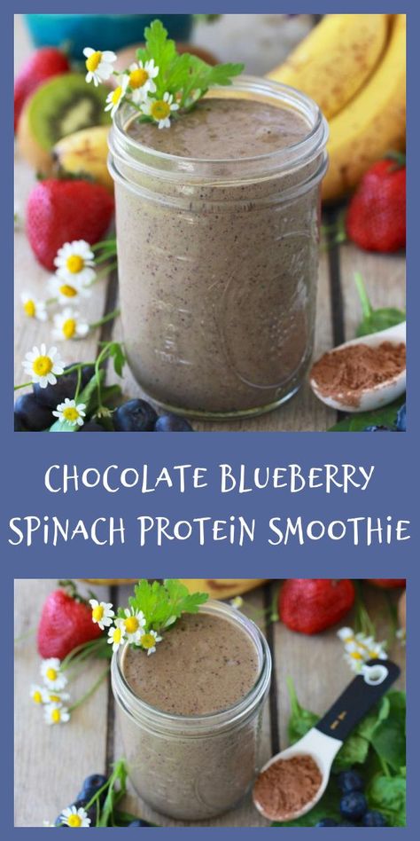 Our Chocolate Blueberry Spinach Protein Smoothie Recipe is the best way to get a healthy jump start to your morning routine! I love chocolate smoothies, but you can also use vanilla protein powder, for a different flavor. SO good and packed with banana, strawberry, kiwi, blueberries, greek yogurt, and chocolate protein powder to keep you fueled and full all morning long! || cookingwithruthie.com #proteinsmoothie #chocolatesmoothie #smoothierecipe Blueberry Chocolate Protein Shake, Chocolate Spinach Protein Shake, Blueberry Chocolate Smoothie, Chocolate Protein Powder Recipes Smoothie, Chocolate Protein Powder Smoothie, Spinach Protein Smoothie, Workday Routine, Eoe Diet, Protein Powder Smoothie Recipes