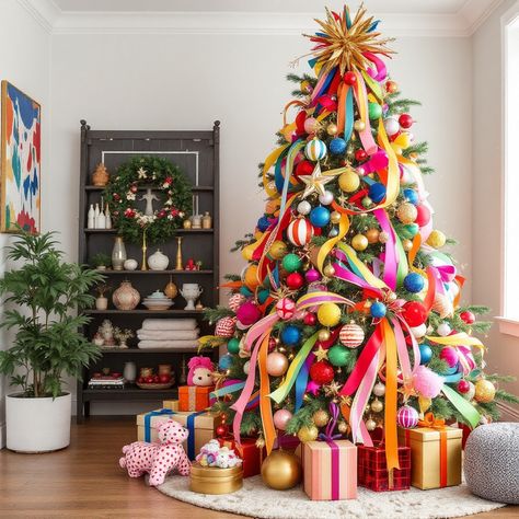 Step into a world of vibrant Christmas magic with our maximalist rainbow tree that ignites festive joy! Draped in dynamic ribbons and brimming with multicolored ornaments, this tree is the epitome of playful elegance. Don’t miss the eclectic details—each bringing a unique spark of creativity. Follow us for chic, imaginative holiday inspiration! #ChristmasInteriors #ModernChristmasDecor #FestiveHolidayHomeDecor #WePlayAmongYou Bright Xmas Tree, Maximalist Christmas Tree, Entry Way Table Christmas Decor, Multicolored Christmas Tree, Eclectic Christmas Tree, Eclectic Christmas Trees, Colorful Christmas Decorations, Rainbow Christmas Tree, Boho Christmas Tree