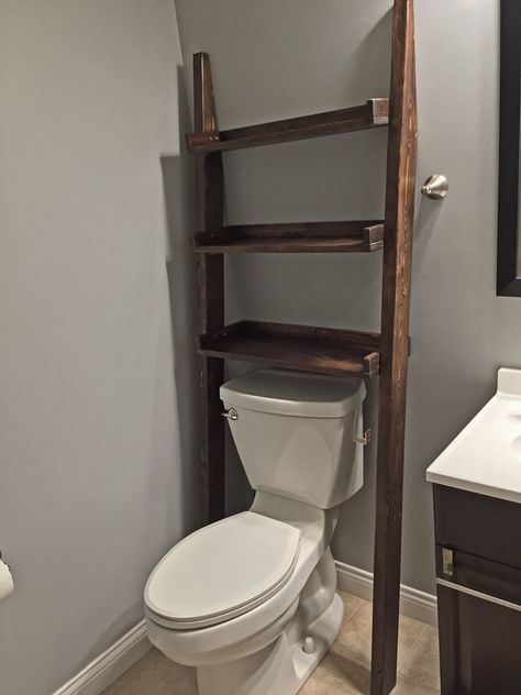 Small Apartment Bathroom Storage, Bathroom Ladder Shelf, Bathroom Ikea, Over The Toilet Ladder, Ladder Shelf Diy, Bathroom Ladder, Small Apartment Bathroom, Shelf Diy, Toilet Shelves