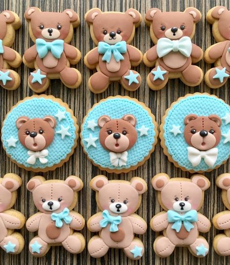 Little bears cookies   by sansil (Silviya Mihailova) Teddy Cookies, Bear Baby Shower Cookies, Cupcake Fondant, Cupcake Tier, Teddy Bear Cookies, Bear Baby Shower Theme, Teddy Bear Party, Boy Baby Shower Ideas, Teddy Bear Cakes