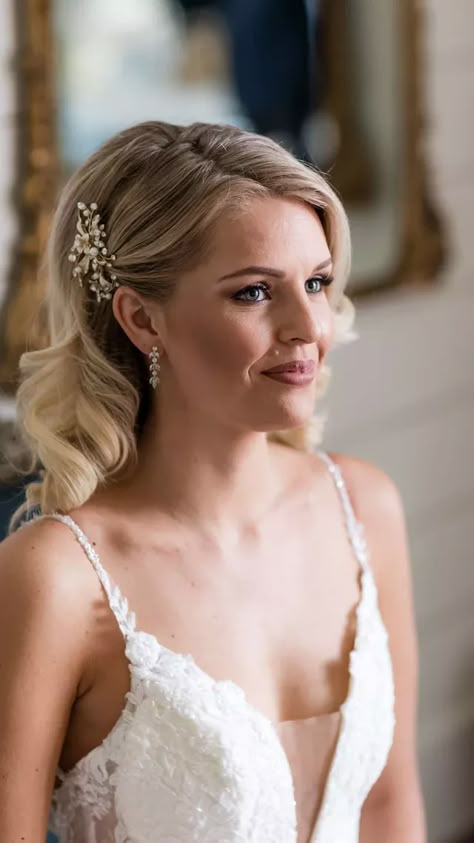 Wedding Down Hairstyles Short Hair, Short One Sided Hairstyle, Wedding Bob Hairstyles Straight, Bridal Hairstyles For Mid Length Hair, Bridal Hair Mid Length Half Up, Short Bob Hair Wedding Styles, Hair Down Shoulder Length Wedding, Mid Length Curly Wedding Hairstyles, One Side Pulled Back Wedding Hair Short