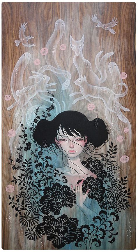 Yellowmenace: ART: Audrey Kawasaki - Knows Ur Secret Whimsical Women, Art Amour, 얼굴 드로잉, Flowers In Her Hair, Audrey Kawasaki, Art Japonais, Art Et Illustration, Pop Surrealism, Hayao Miyazaki