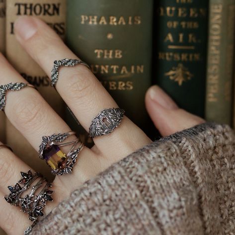 Our brand new stackers are giving 'the comfy, perfectly worn-in vintage denims of your ring wardrobe' vibes 😜 shopdixi.com Fantasy Rings Aesthetic, Witchcore Accessories, Dark Cottagecore Jewelry, Witch Jewelry Aesthetic, Dark Academia Rings, Nature Witch Aesthetic, Vintage Jewelry Aesthetic, Fantasy Rings, Dark Academia Jewelry