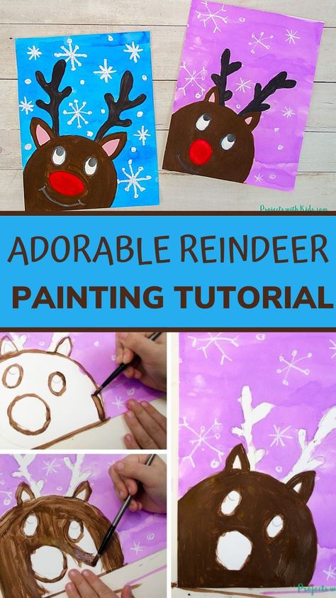 Rudolph Art For Kids, Reindeer Painting For Kids, Christmas Themed Art Projects For Kids, Christmas Projects For Kindergarten, Holiday Elementary Art Projects, Reindeer Art Projects For Kids, Holiday Directed Drawing For Kids, Kindergarten Reindeer Crafts, Third Grade Christmas Art Projects