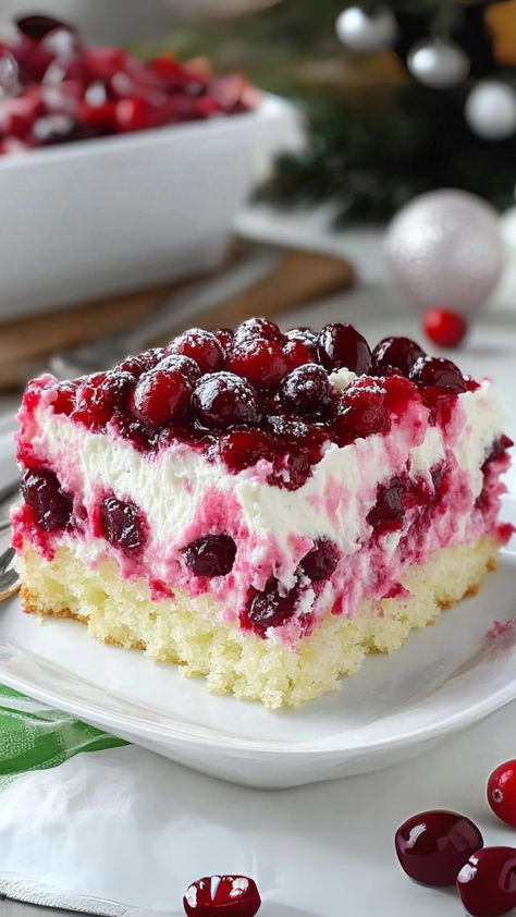 Christmas Cranberry Poke Cake - Valerie Recipes Cranberry Topping, Christmas Cranberry, Soft Cake, Poke Cake Recipes, Poke Cakes, Decadent Cakes, White Cake Mixes, Christmas Dessert, Ultimate Christmas