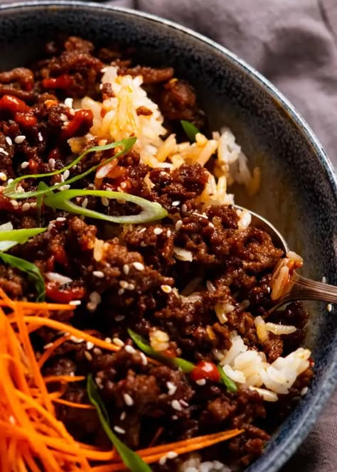 Close up of Firecracker beef over rice Firecracker Beef, Spicy Asian Food, Ground Beef And Rice, Minced Beef Recipes, Crispy Beef, Minced Beef, Asian Beef, Recipe Tin, Mince Recipes