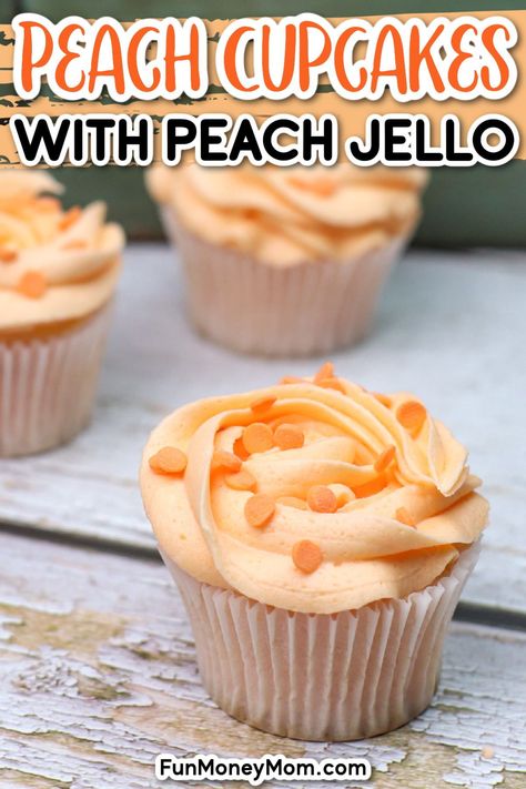 Peach cupcakes may just be our new favorite summer cupcake recipe. With moist cake and lots of peaches and cream flavor, it’s a sweet and fruity dessert recipe that everyone will love! Peach Icing Recipe, Peach Jello Recipes, Peach Frosting, Peach Cake Pops, Peach Icing, Peach Frosting Recipe, Peach Cupcakes Recipe, Peach Cupcakes With Box Cake, Fresh Peach Cupcakes