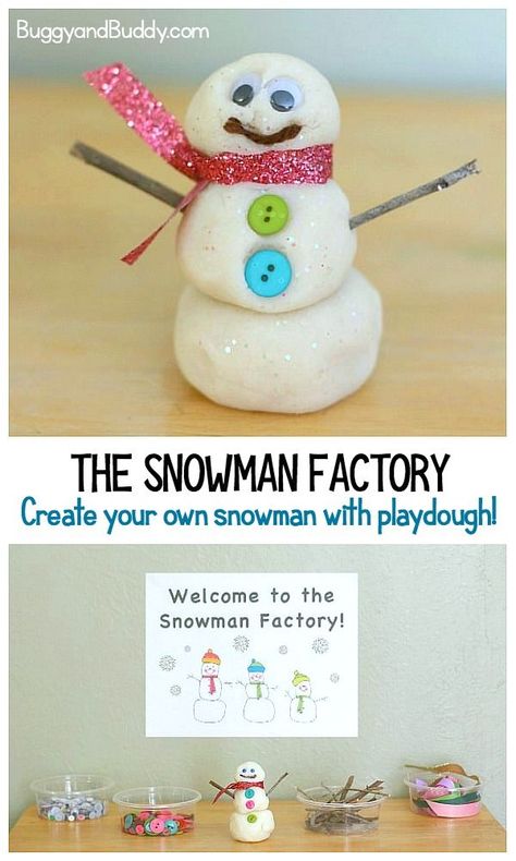 The Snowman Factory: Make your own playdough snowmen using loose parts like twigs, button and ribbon. A fun creation center for winter! #buggyandbuddy #winteractivityforkids #playdough #snowmancraft #snowman #snowmen #snowmanactivity #wintercraftforkids #ece #preschool #kindergarten #creativeplay #sensoryplay Playdough Snowman, Make Your Own Playdough, Snowmen Activities, Preschool Winter, Winter Kindergarten, Winter Activities For Kids, Crafts For Children, Winter Preschool, Art And Craft Videos