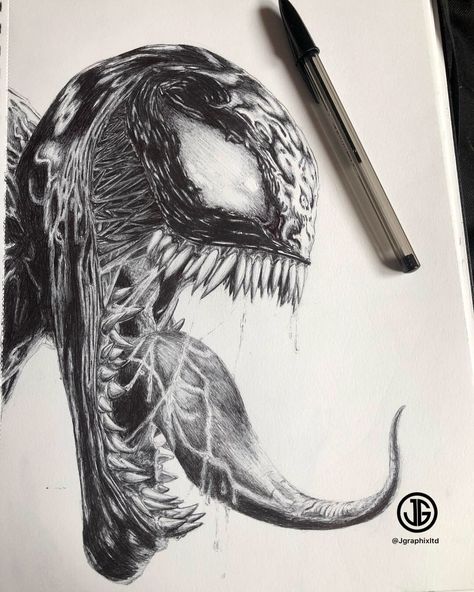 Fan artwork of venom using a thick bic biro pen. Drawn by Jonathan Ellington for more artwork. follow on my Instagram.  @jgraphixltd Black Pen Sketches, Biro Drawing, Draw Tattoo, Charcoal Artwork, Marvel Art Drawings, Venom Art, Ink Pen Art, Pencil Portrait Drawing, Ballpoint Pen Drawing