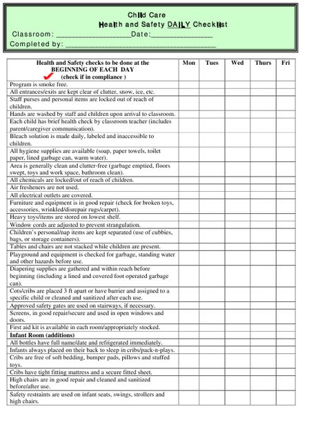 Daycare Checklist, Health Checklist, Daycare Facility, Cleaning Checklist Template, Safety Checklist, Linear Function, Electron Configuration, Child Protective Services, Daily Checklist