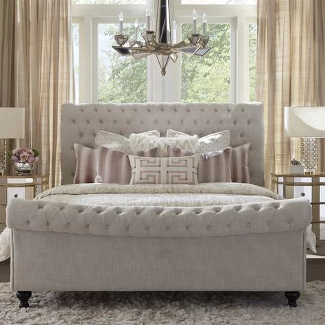 Upholstered Sleigh Bed Decor, King Size Master Bedrooms Luxury, Tufted Sleigh Bed Bedroom Ideas, King Size Bed Master Bedrooms Luxury, King Bed Inspiration, Sleigh Bed Bedroom Ideas, Grey Sleigh Bed, King Size Bed Master Bedrooms, Tufted Sleigh Bed