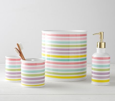 Rainbow Kids Bathroom Set | Pottery Barn Kids Rainbow Bathroom, Kids Bathroom Sets, Bath Wrap, Shower Time, Girls Bathroom, Soap Pump, Kids Bathroom, Bathroom Set, Rainbow Kids