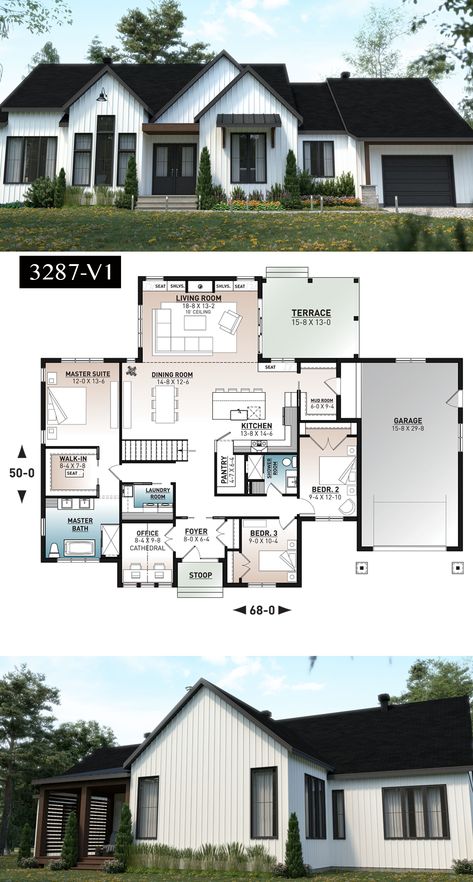 Modern Family Home Floor Plans, 3 Bedroom 1 Office Floor Plan, Houseplans.net Modern Farmhouse, House Layouts Farmhouse, Modern Farmhouse Houseplans, Four Bedroom Farmhouse Plans, Small House One Floor, New Build Floor Plans, Modern Farmhouse Layout Floor Plans