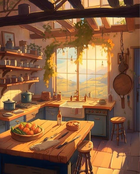 2d Room Drawing, Fantasy Kitchen Art, Cozy Kitchen Illustration, Cozy Room Illustration, Cozy Room Drawing, Cozy Illustration, Anime House, Comfort Art, Kitchen Designer