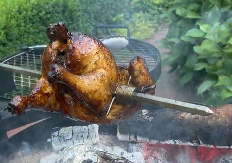 Rotisserie Chicken and Bacon Bourbon Apple Crisp with Smoked Ice Cream: A Match Made in Barbecue Heaven! - Barbecuebible.com Roast A Chicken, Rotisserie Chicken Recipe, Bourbon Bacon, Mop Sauce, Spit Roast, Beer Can Chicken, Rotisserie Chicken Recipes, Open Fire, Fire Roasted