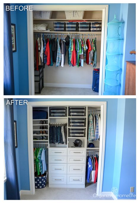 Organized Closet Before and After Closet Shelving Layout, Shared Room Closet Organization, Shared Room Clothes Storage, Closet Storage Kids, Closet Organization Ideas Kids Room, Shared Bedroom Closet Organization, Closet Organization Ideas With Drawers, Kids Closet Makeover Diy, Closet Ideas With Dresser Inside