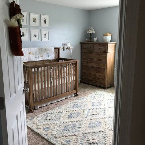 Love this adorable blue and brown woodland nursery! The wood tones and dusty blue walls work great with the baby animal pictures. Blue Forest Nursery, Subtle Nursery Themes, Brown Furniture Nursery, Nursery With Brown Furniture, Brown And Blue Nursery, Boy Nursery Ideas Blue, Dusty Blue Nursery, Blue Nursery Ideas, Baby Animal Nursery Art