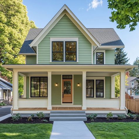 Light Green Home Exterior, Sage Exterior House Colors, Light Green House Exterior, White Craftsman House, Green Siding House, Light Green House, Green Home Exterior, White Craftsman, Green House Exterior