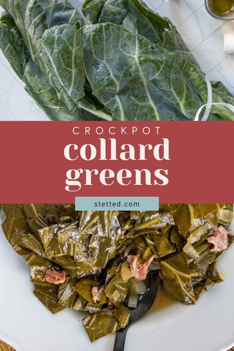 These crockpot collard greens are a delicious side that rounds out any Southern meal. Serve with mac and cheese, fried chicken, or your favorite BBQ! Collard Greens Slow Cooker, Crockpot Collard Greens, Greens Recipe Soul Food, Ham Bone Recipes, Collard Greens With Bacon, Southern Collard Greens, Southern Foods, Southern Side Dishes, Southern Greens