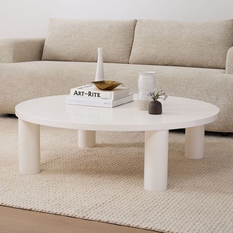 Hazel Round Coffee Table (44") | West Elm Round White Wood Coffee Table, Ivory Coffee Table, White Oval Coffee Table, Small Coffee Table Ideas, Dr Bedroom, White Coffee Tables, West Elm Coffee Table, Sofa Wood Frame, White Coffee Table