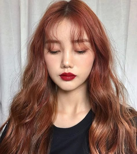 Cooper Hair Color Asian, Copper Brown Asian Hair, Copper On Asian Hair, Copper Asian Hair, Korean Copper Hair, Red Hair Perm, Tangerine Brown Hair Color, Ginger Hair Asian, Copper Hair On Asian Women