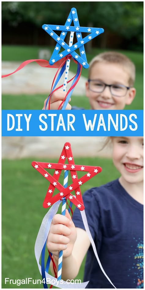 Popsicle Stick Star Wands - Frugal Fun For Boys and Girls Prek 4th Of July Crafts, Usa Preschool Crafts, Summer Preschool Art Activities, July 4 Crafts, Popsicle Stick Star, Easy Summer Crafts For Kids, Fourth Of July Crafts, Happily Engaged, Patriotic Activities