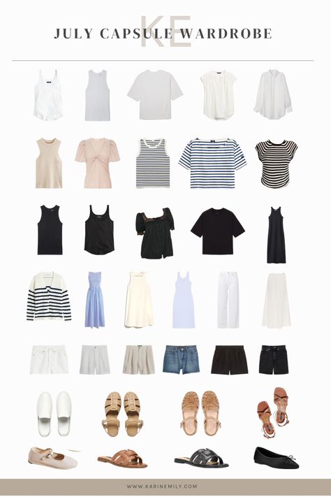 July Capsule Wardrobe #warmweathercapsulewardrobe #summercapsulewardrobe Karin Emily, Travel Capsule Wardrobe Summer, Emily Style, Spring Summer Capsule Wardrobe, Capsule Wardrobe Minimalist, Outfit Planner, 30 Outfits, Cruel Summer, Travel Capsule Wardrobe