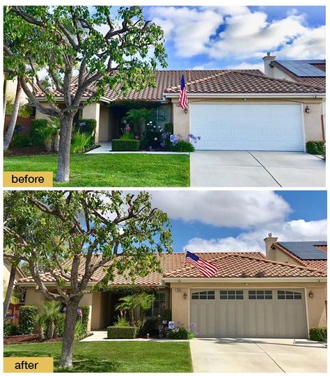 June 2018 Garage Door Makeover Before & After Photo Garage Door Before And After, Garage Door Colors With Tan House, Cream Colored Houses, Garage Door Update, Steel Garage Door, Exterior Garage Door, Carriage House Garage Doors, Garage Door Colors, Garage Door House