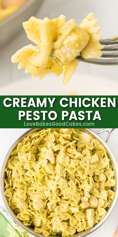 Creamy Chicken Pesto Pasta pin collage Creamy Chicken Pesto Pasta, Pesto Pasta Recipes Chicken, Chicken Pesto Pasta, Creamy Pesto Chicken Pasta, Creamy Pesto Sauce, Homemade Pesto Sauce, Pesto Pasta Recipes, Chicken Pesto, Filling Dinner