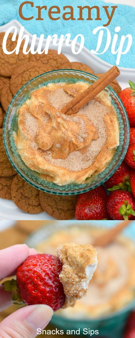 Creamy Churro Dip - Snacks and Sips Easy Fiesta Food, Fiesta Party Dessert Ideas, Churro Cheesecake Dip, Easy Party Recipes For A Crowd, Mexico Party Food, Mexican Dessert Dip, Mexican Fiesta Party Food Desserts, Churro Chips And Dip, Dessert For Taco Bar Party